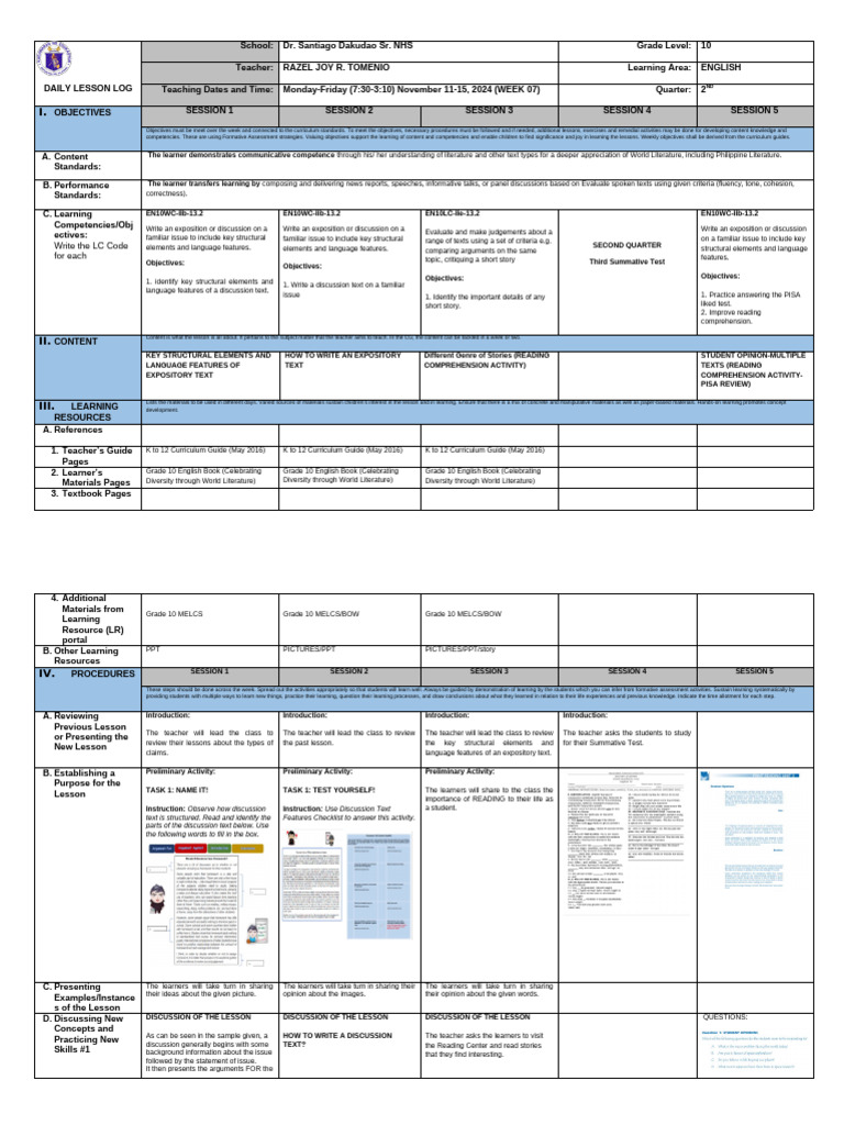 Grade 10 English Daily Lesson Plan | PDF | Learning | Reading Comprehension