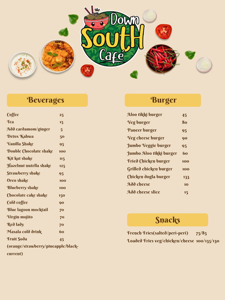 Cafe Menu for Indian Cuisine | PDF | Hamburgers | Foods