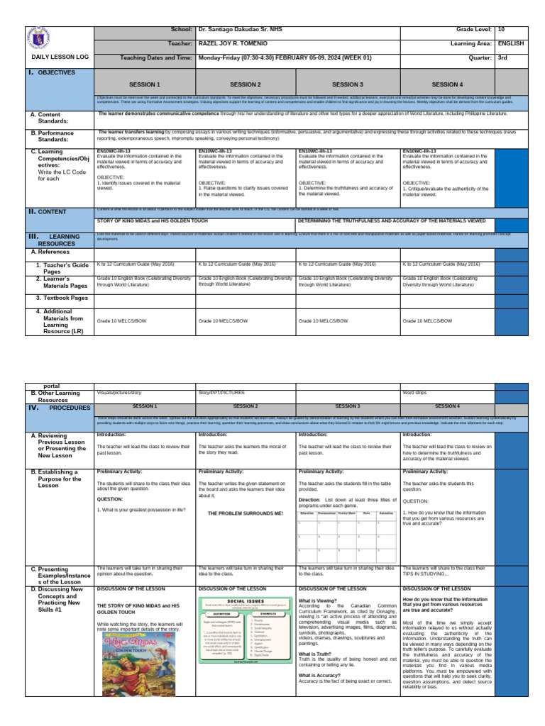 Grade 10 English Lesson Plan: Week 1 | PDF | Learning | Curriculum