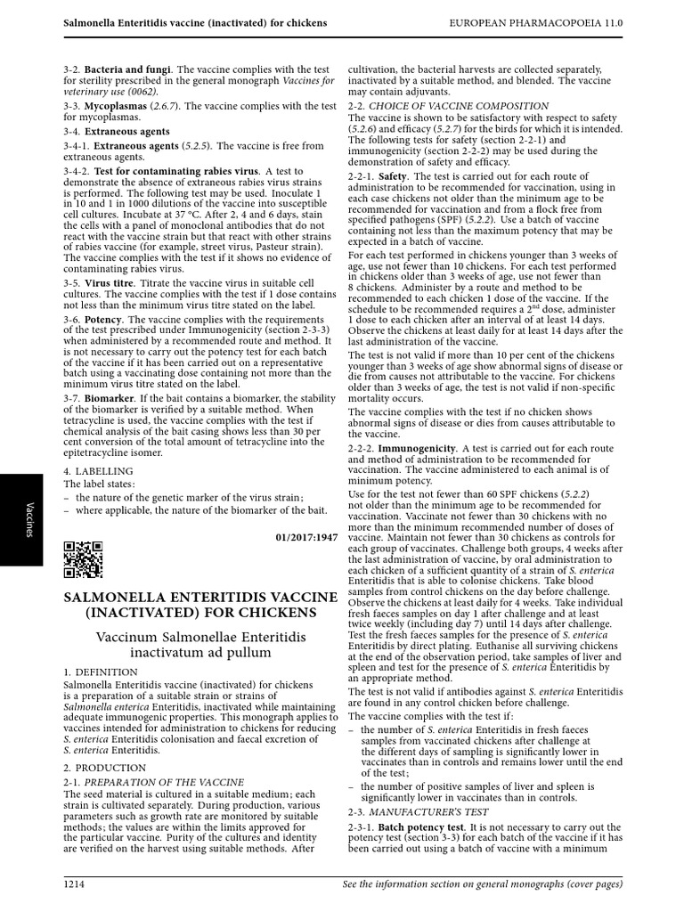 Salmonella Enteritidis Vaccine (Inactivated) For Chickens | PDF ...