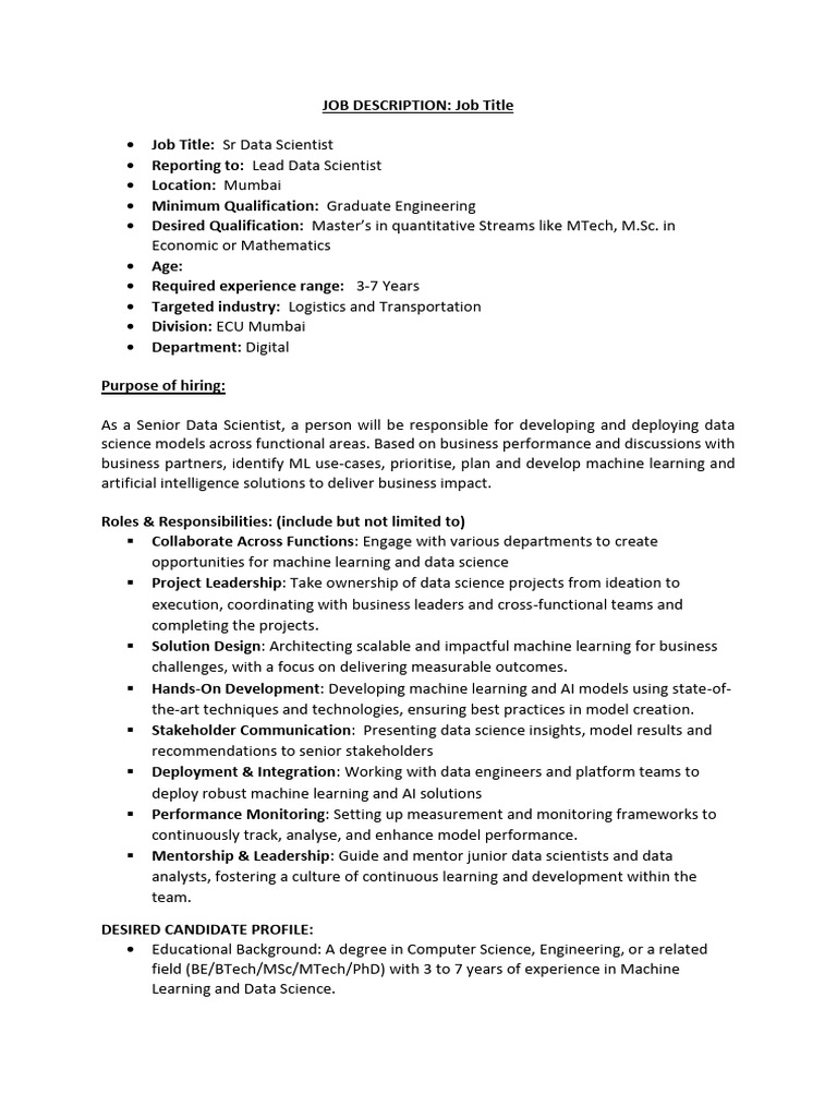 Senior Data Scientist Job Opening | PDF | Artificial Intelligence ...