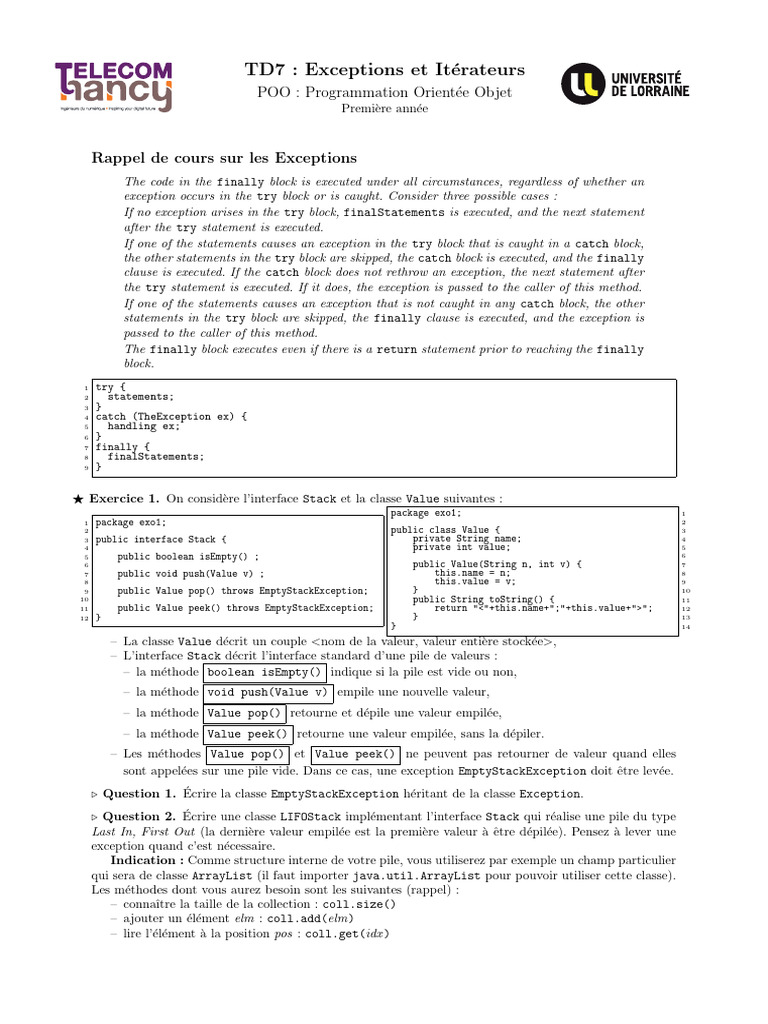 Exceptions et Itérateurs en POO | PDF | Java (Langage de programmation ...