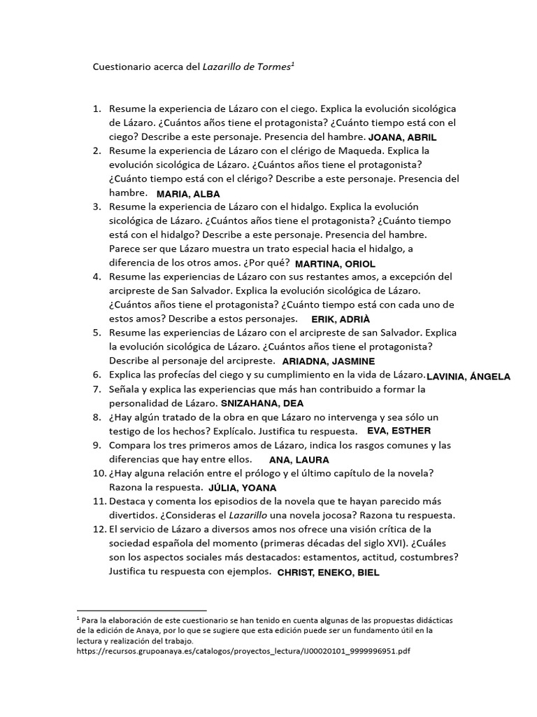 Cuestionario sobre el Lazarillo de Tormes | PDF