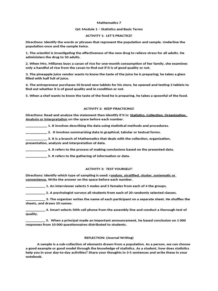 Statistics and Sampling Concepts for Grade 7 | PDF | Sampling ...
