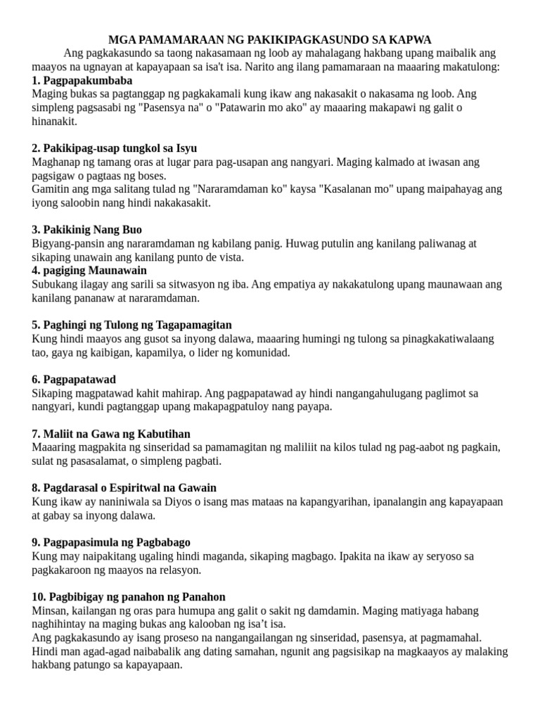Mga Pamamaraan NG Pakikipagkasundo Sa Kapwa | PDF