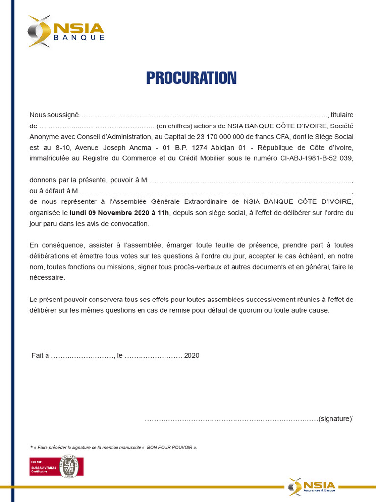 Procuration pour Assemblée Générale NSIA | PDF
