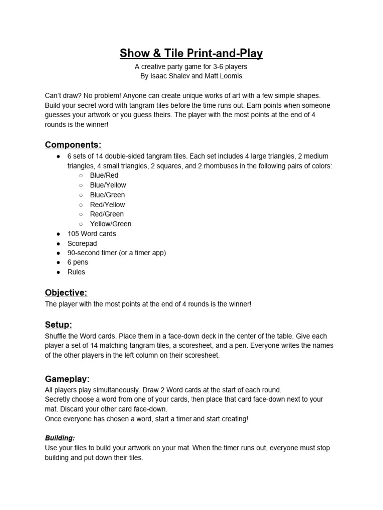 Showtileprint and play pdf gaming