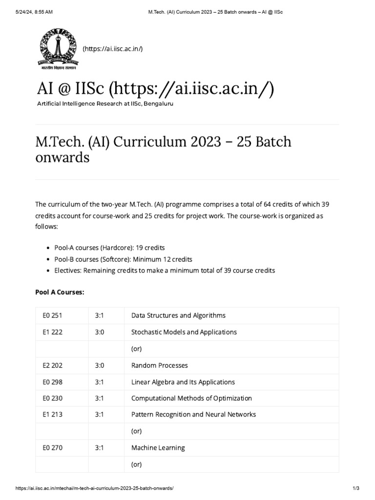 IISc M.Tech AI Curriculum 2023-25 | PDF | Artificial Intelligence ...