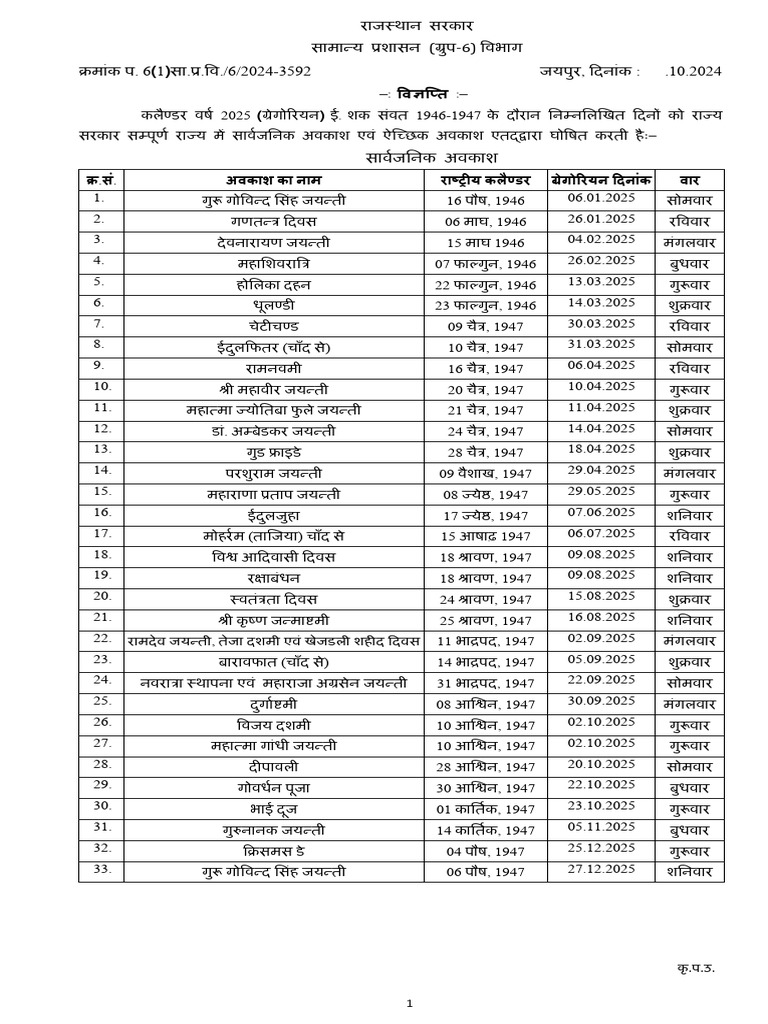 ?️™️ ️Holiday_Calendar_2025_Rajasthan_Government PDF