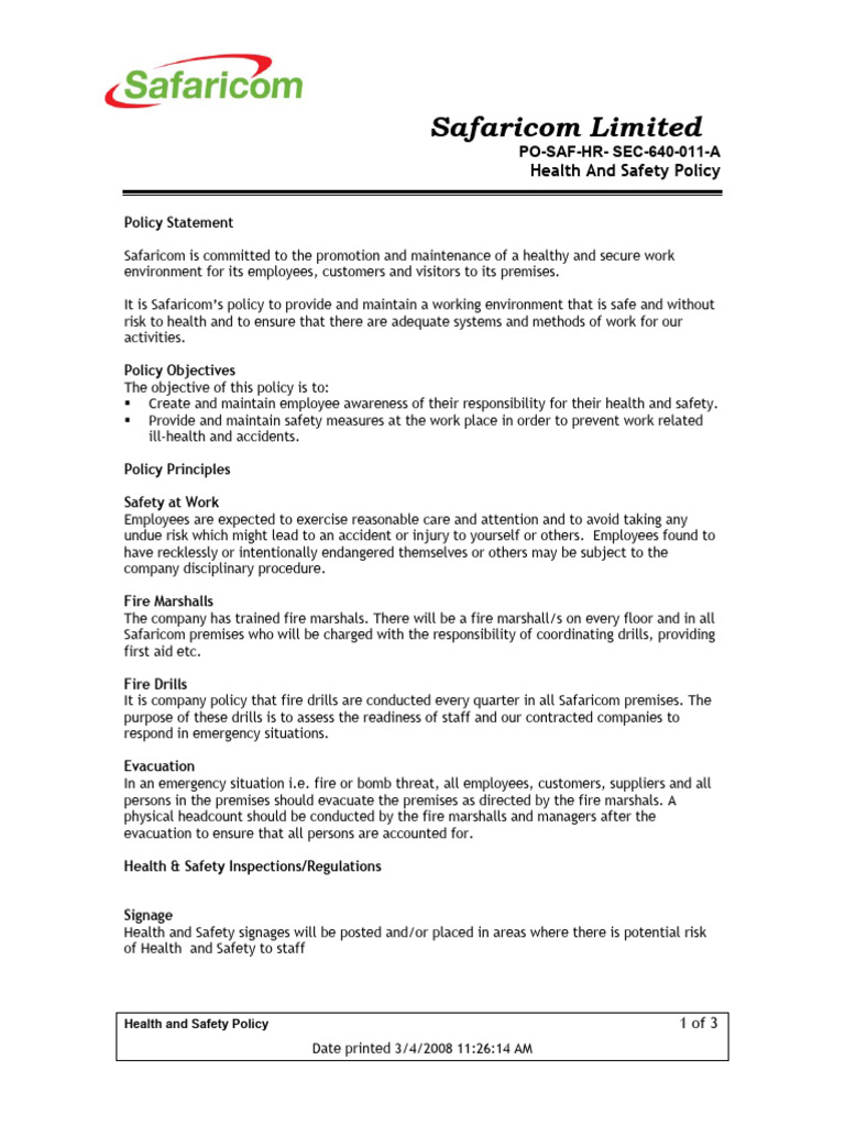 Health Safety Policy Pdf Occupational Safety And Health Safety