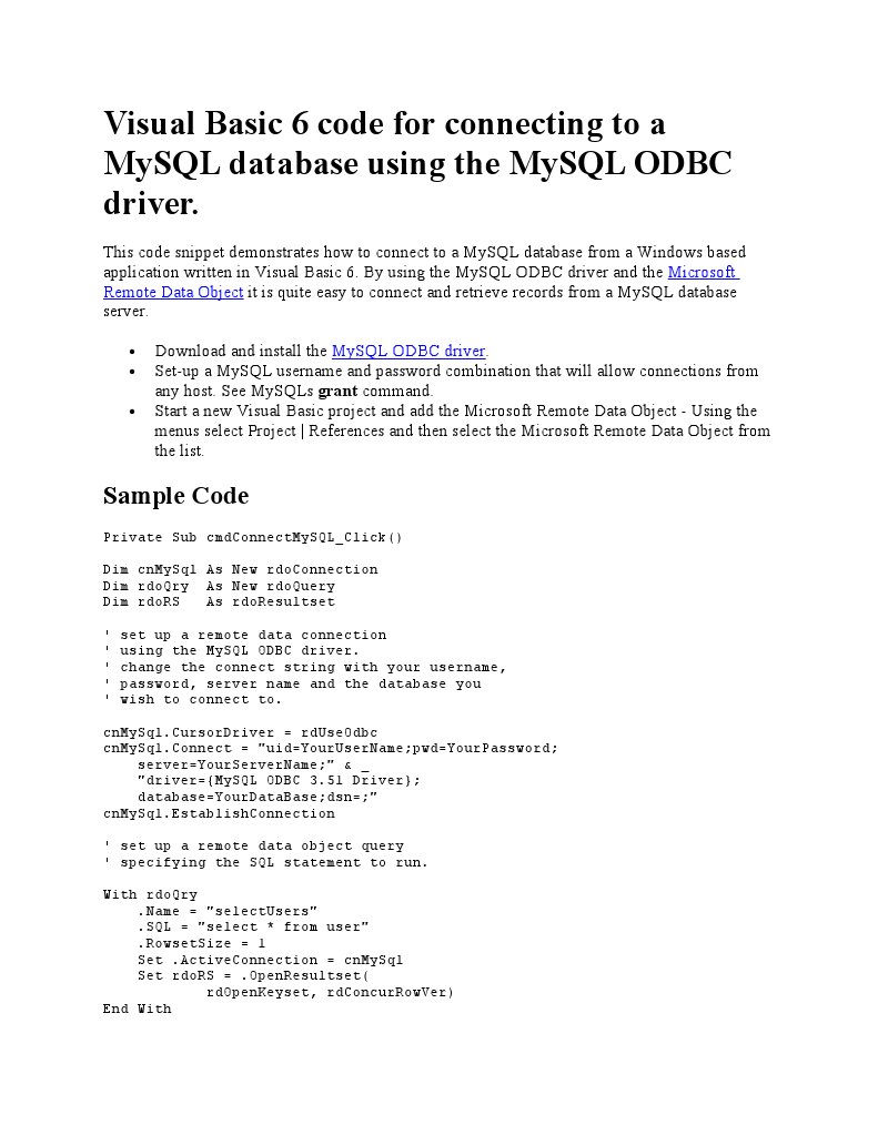 Visual Basic 6 Code For Connecting To A MySQL Database Using The MySQL ...