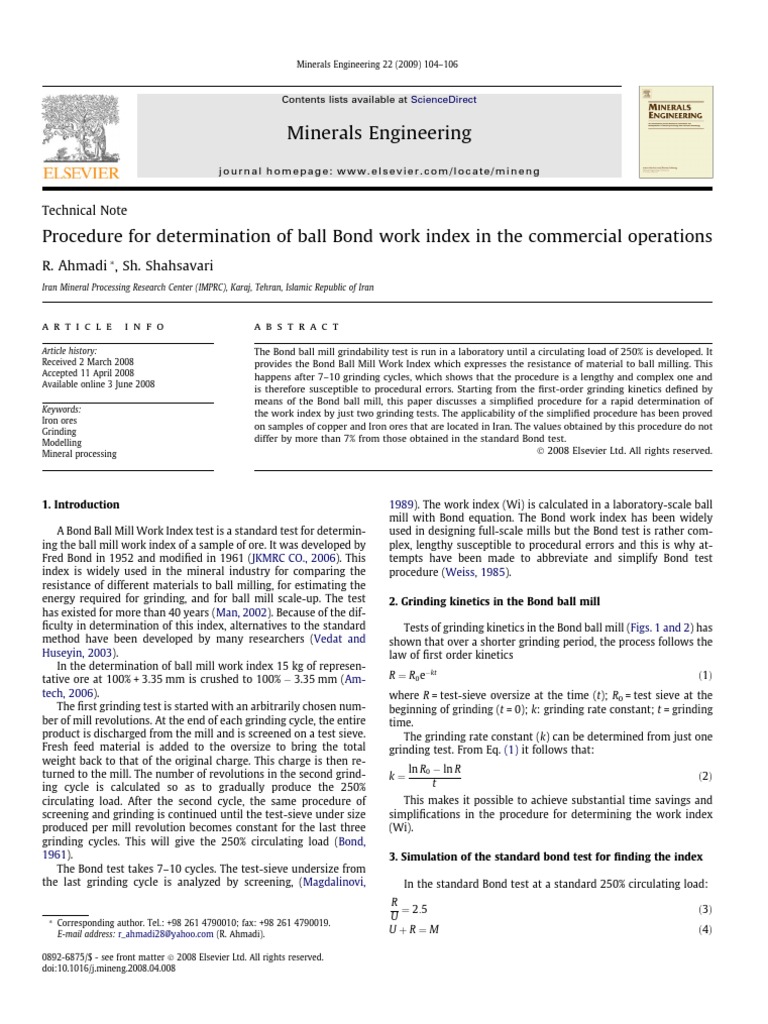 Simplified Bond Work Index Test | PDF | Mill (Grinding) | Chemistry
