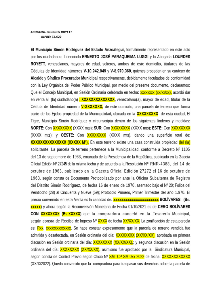 Modelo de Documento de Venta de Parcela de Terreno | PDF | Documento de ...