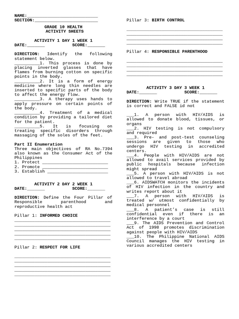 Activity Sheets in Pe d1!4!10 q2 | PDF | Hiv/Aids | Diagnosis Of Hiv/Aids