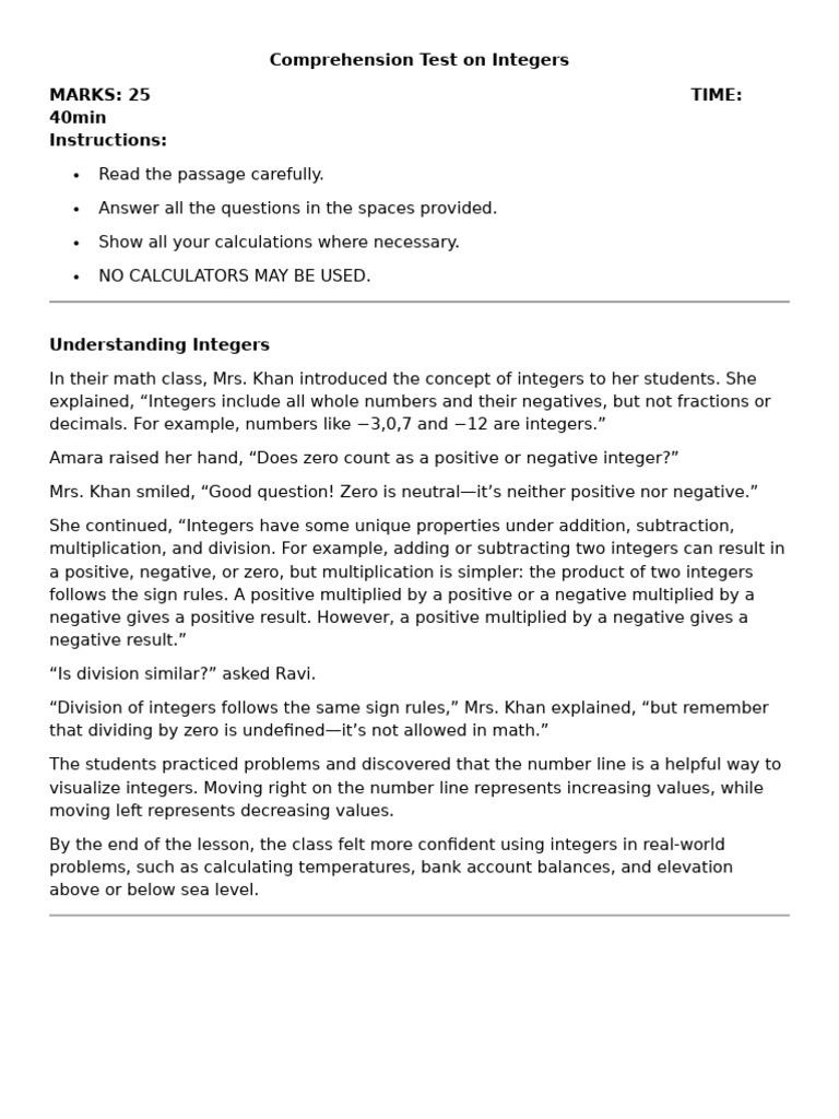 Integer Comprehension Test | PDF | Multiplication | Division (Mathematics)