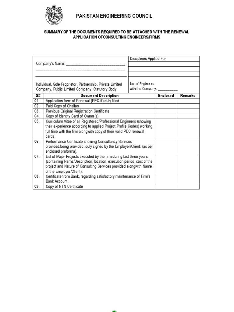 PEC Renewal Form Identity Document Engineer