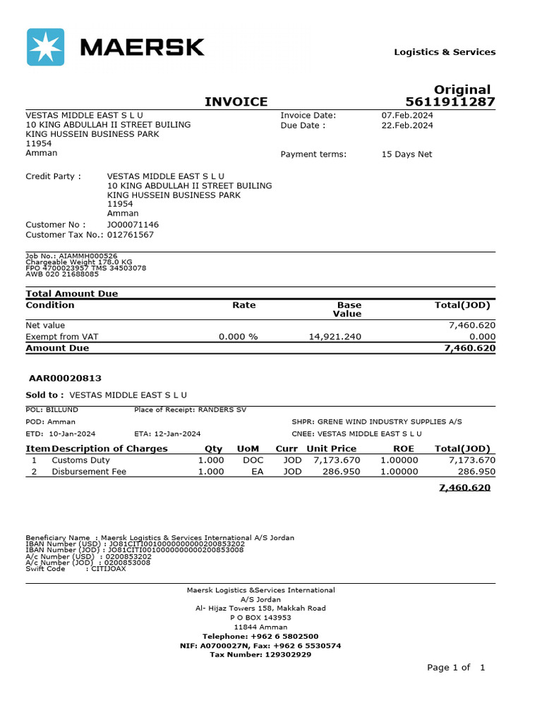 Maersk Invoice for Vestas Middle East | PDF | Taxes | Payments