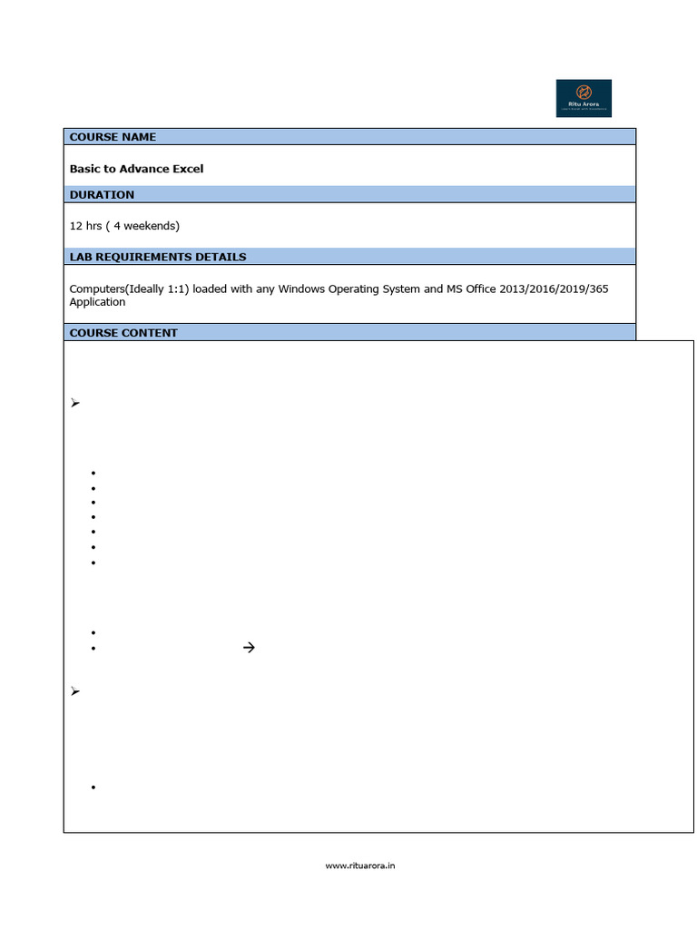 Advanced Excel Course Overview | PDF | Microsoft Excel | Computer Science