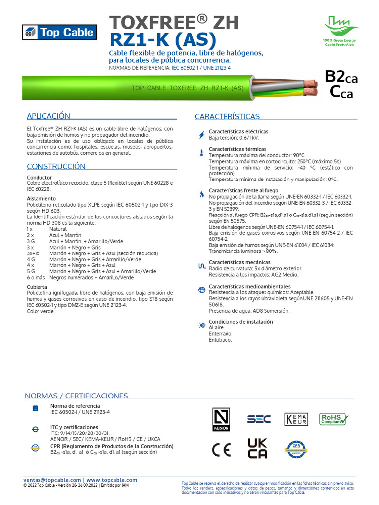 Cable Toxfree® ZH RZ1-K (AS) Técnico | PDF | Ciencia de los Materiales ...