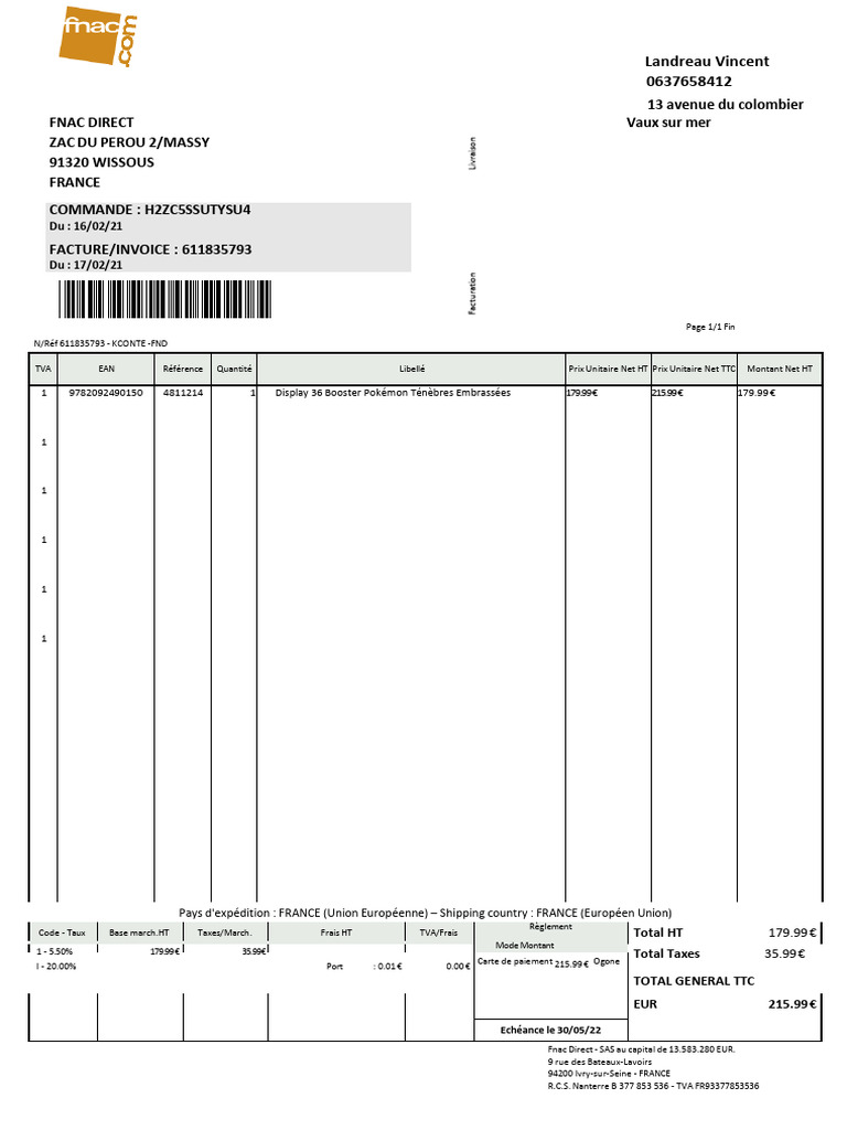 Facture Fnac - Commande H2ZC5SSUTYSU4 | PDF | Taxe sur la valeur ...