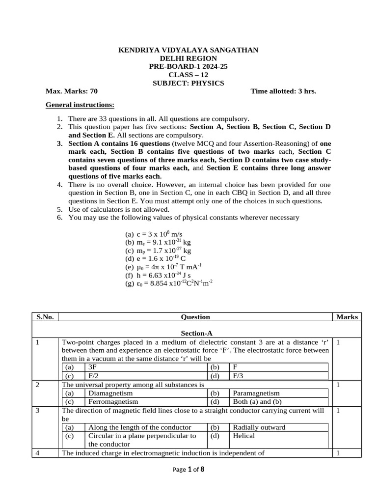 Class 12 Physics Pre-Board 2024-25 Exam | PDF | Capacitor | Capacitance