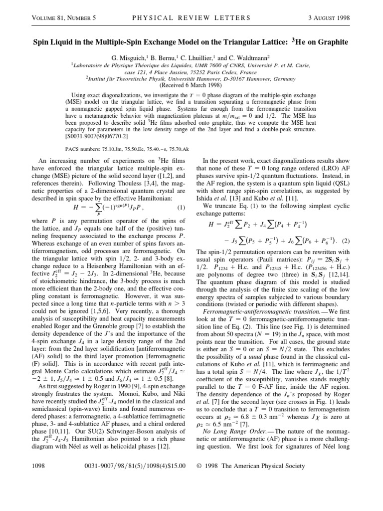 G. Misguich Et Al - Spin Liquid in The Multiple-Spin Exchange Model On ...