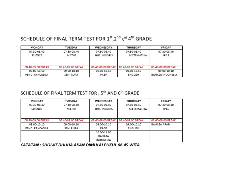 Final Exam Schedule For Grades 1 6 Pdf