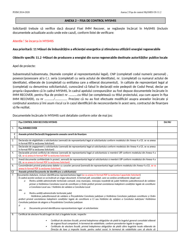 Anexa 2 Fisa de Control MySMIS OS 11.2 APL | PDF