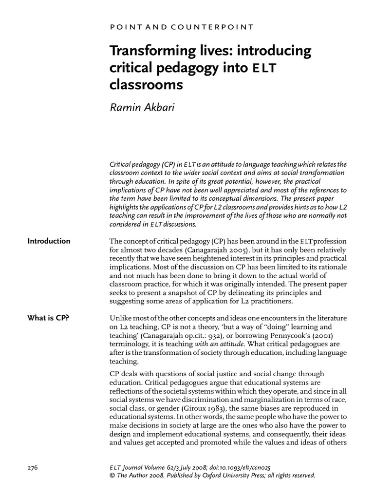 Critical Pedagogy in ELT Classrooms | PDF | Second Language | Pedagogy