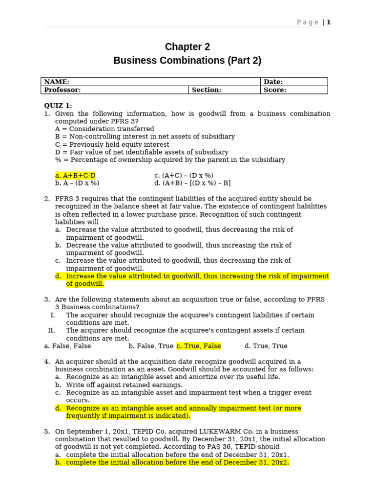 Business Combinations Quiz and Goodwill Analysis | PDF | Goodwill ...