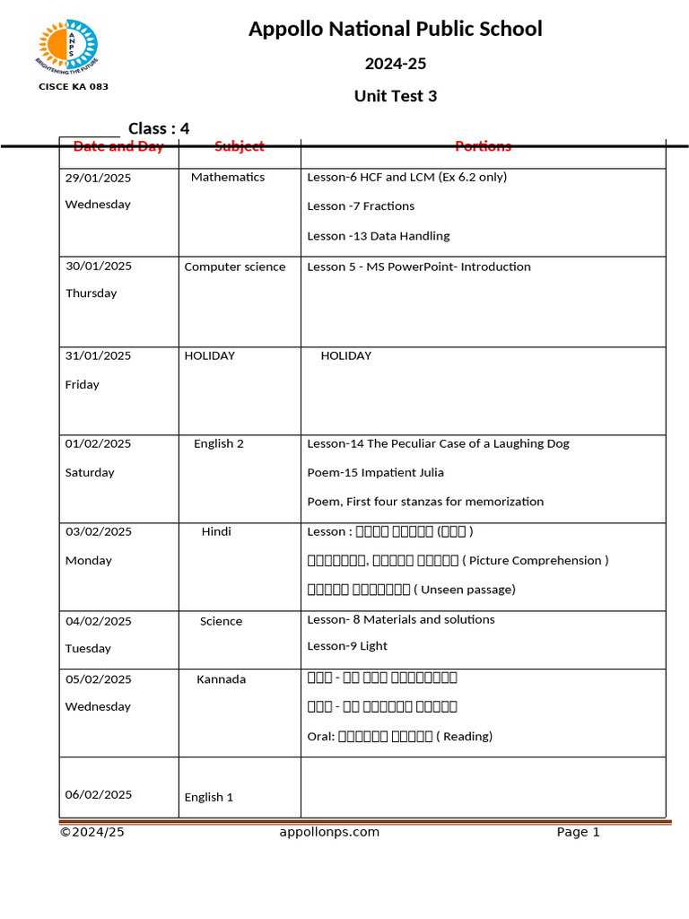 Class 4 Unit Test Schedule 2025 | PDF