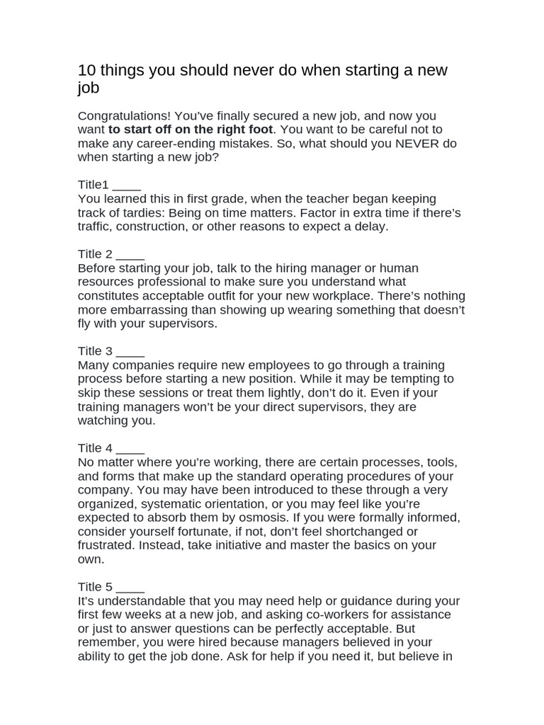 10 Things You Should Never Do When Starting A New Job Text | PDF
