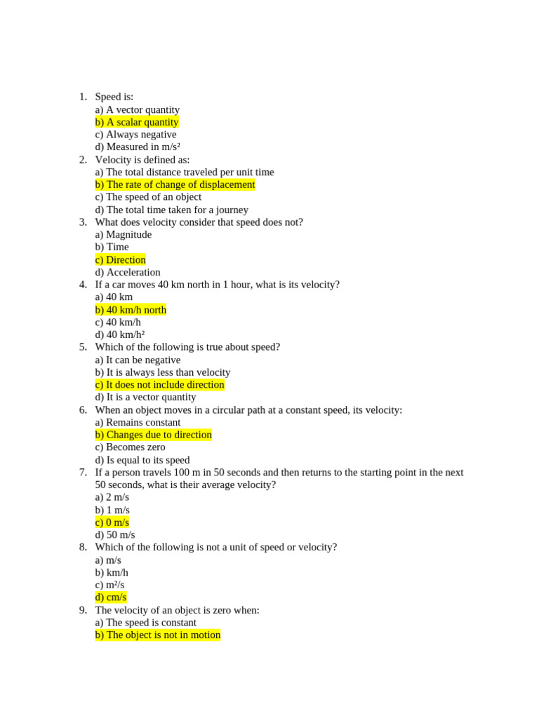 Speed and Velocity Quiz | PDF