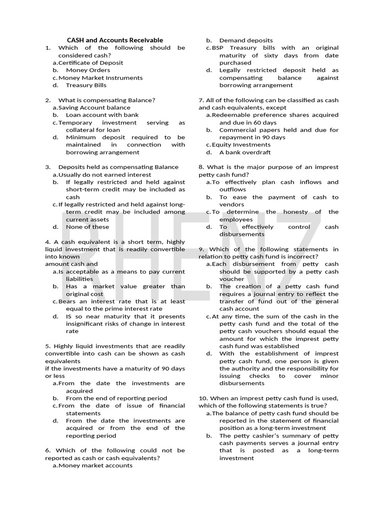 CASH and Accounts Receivable REVIEW | PDF | Bad Debt | Banks