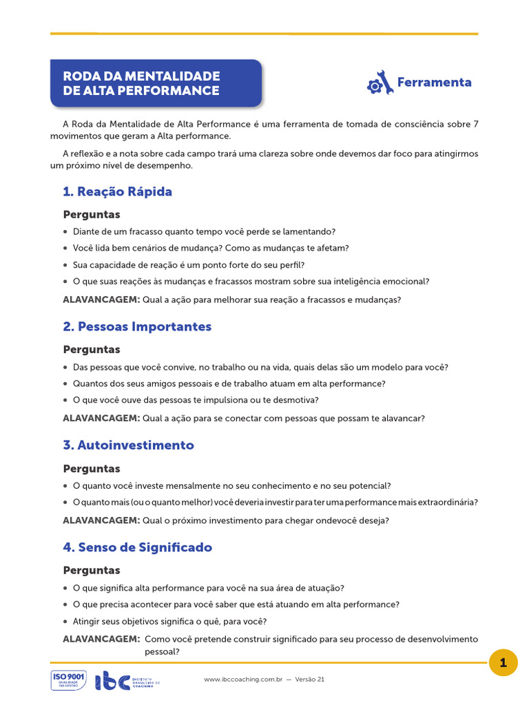 FERRAMENTAS BEC - RODA DA Mentalidade de Alta Performance | PDF
