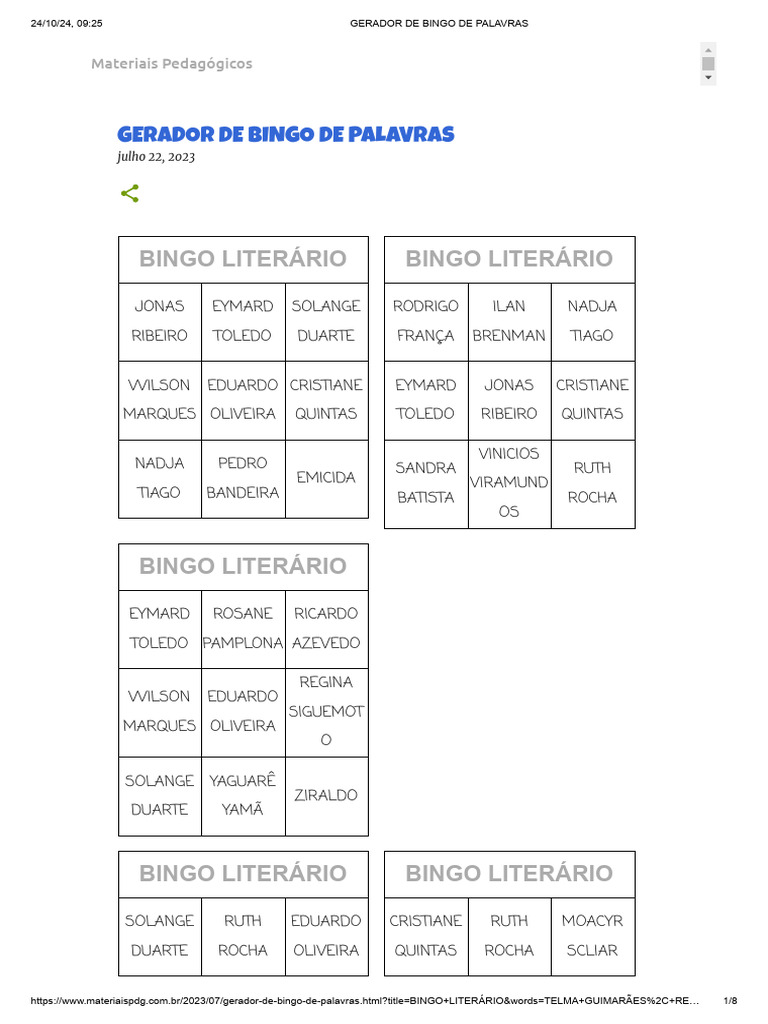 Bingo Literário: Gerador de Palavras | PDF