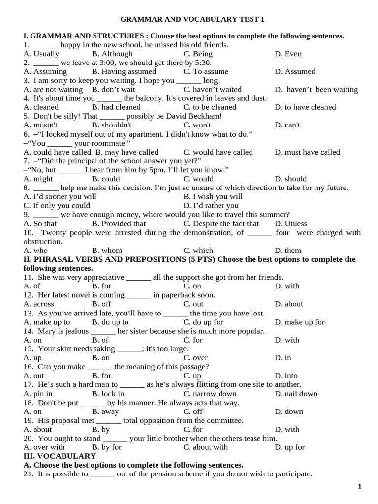 Grammar and Vocabulary Test 1 | PDF | Linguistics