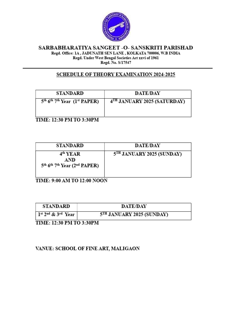 Theory Exam Schedule 2024-2025 | PDF