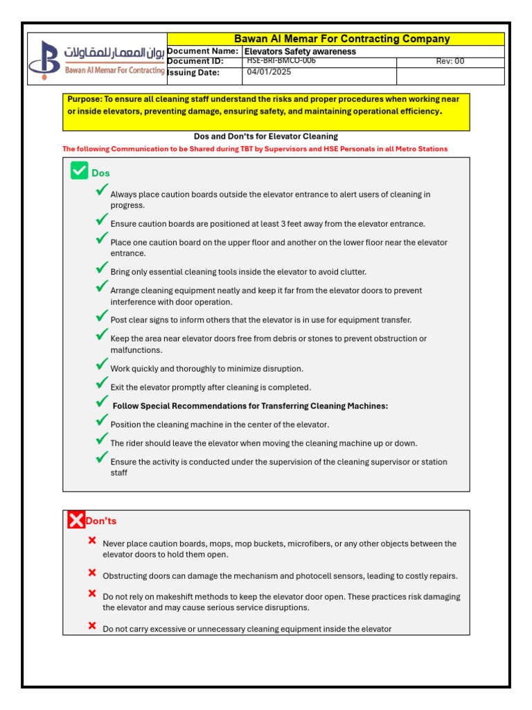 Elevator Safety Guidelines for Cleaners | PDF | Elevator