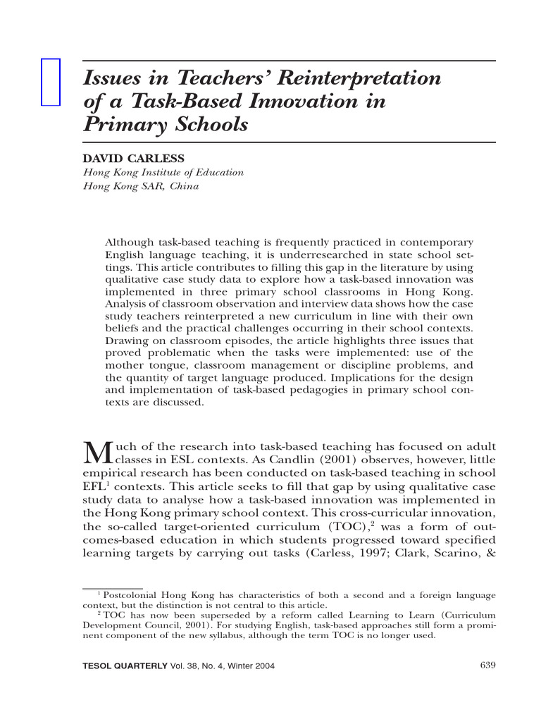 Task-Based Teaching in Hong Kong Schools | PDF | Teachers | English As ...