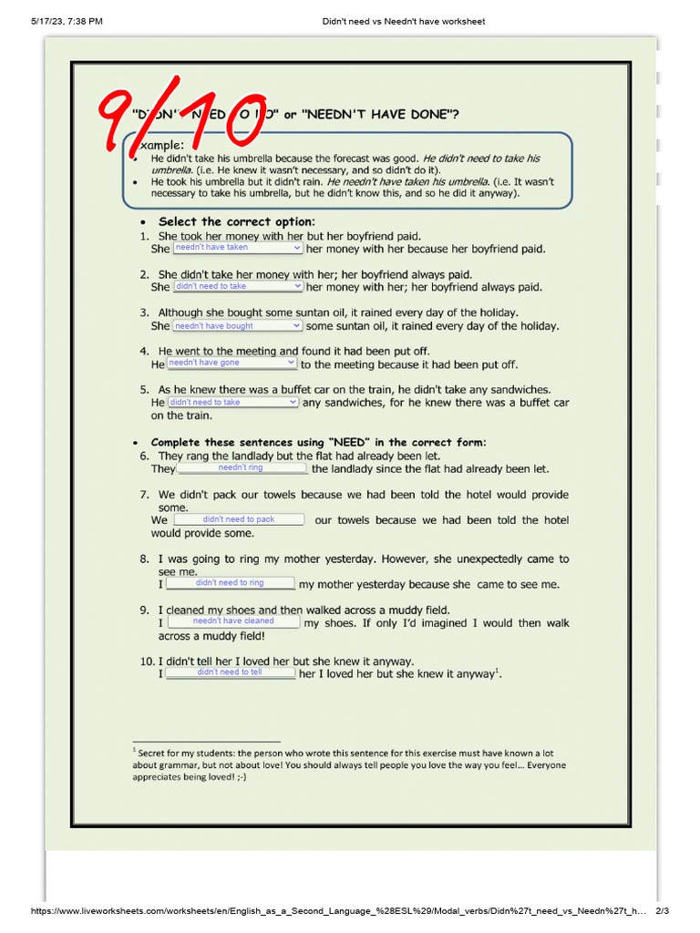 Needn't Have vs Didn't Need To Worksheet | PDF