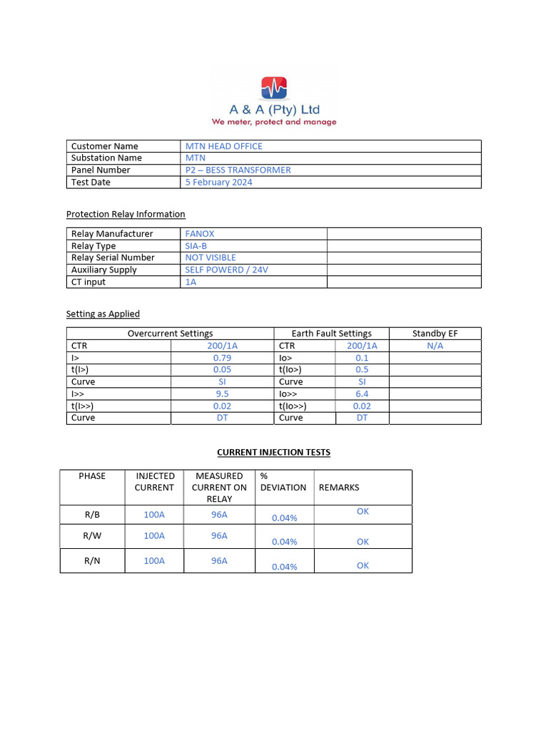 MTN BESS Transformer Relay Test Report | PDF