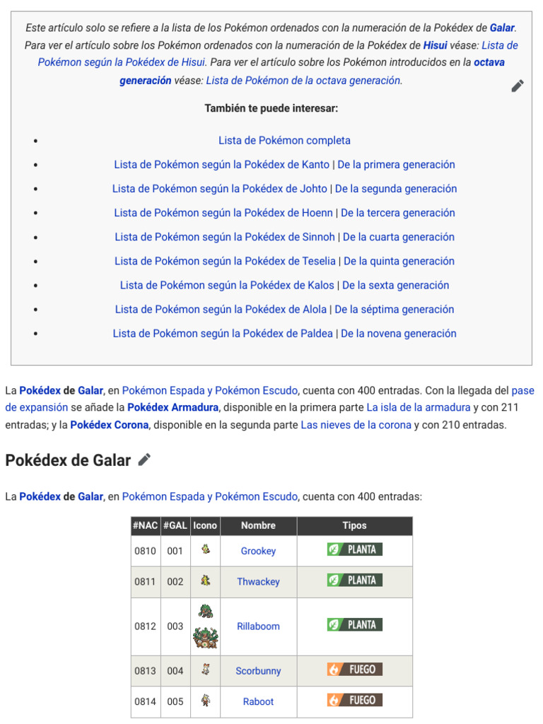 Pokédex de Galar: Lista Completa | PDF | Juegos de rol | Juegos de Nintendo