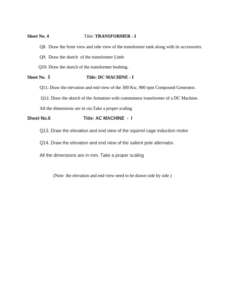 Questions for Drawing Sheet No 4 5 and 6 | PDF