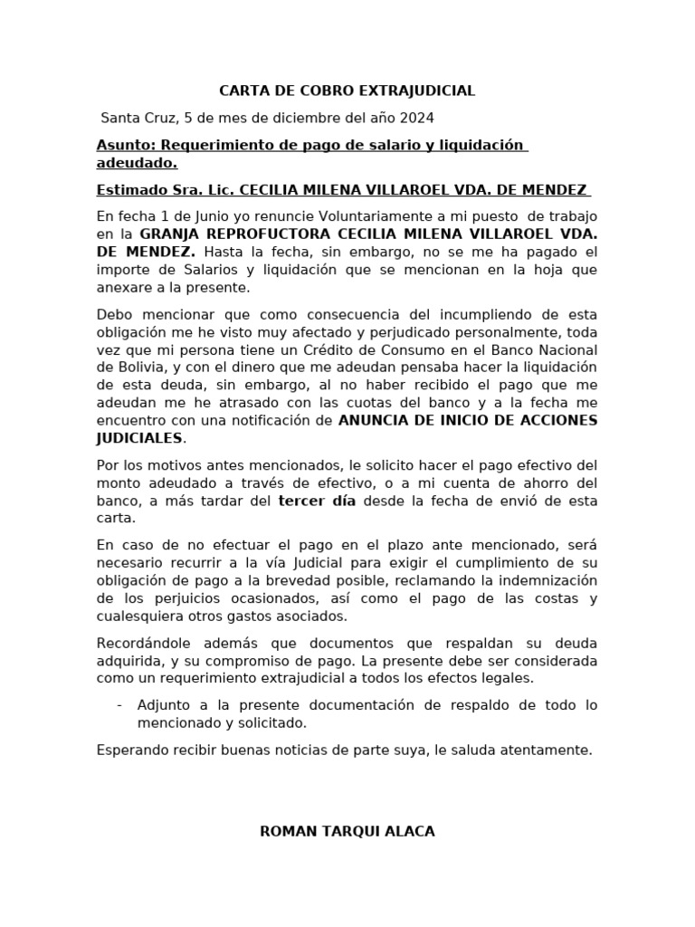 Carta de Cobro Extrajudicial de Salarios | PDF