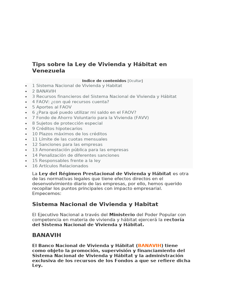 Tips Sobre La Ley de Vivienda y Hábitat en Venezuela | PDF | Hipotecas ...