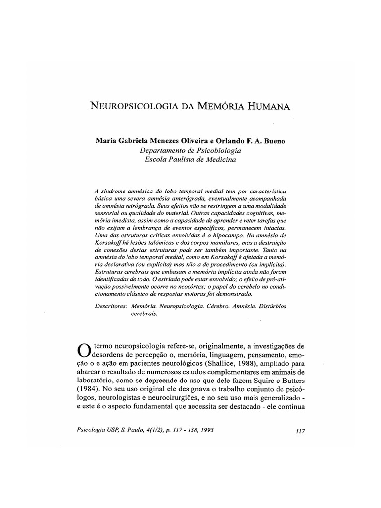 Neuropsicologia Da Memória Humana | PDF