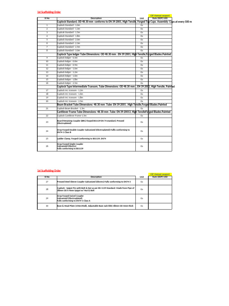 Scaffolding Equipment Order List | PDF | Scaffolding | Manufactured Goods