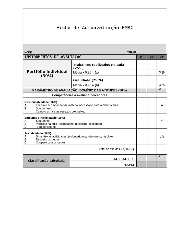 Ficha de Autoavaliação EMRC | PDF