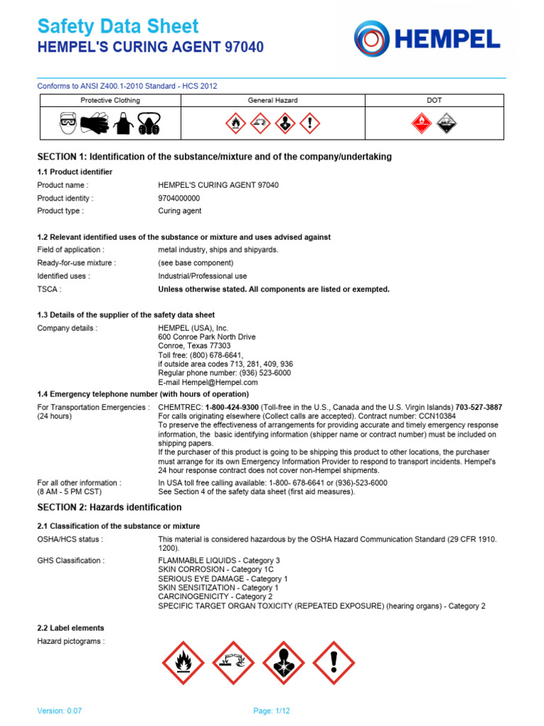 Hempel's Curing Agent 97040 Overview | PDF | Toxicity | Safety